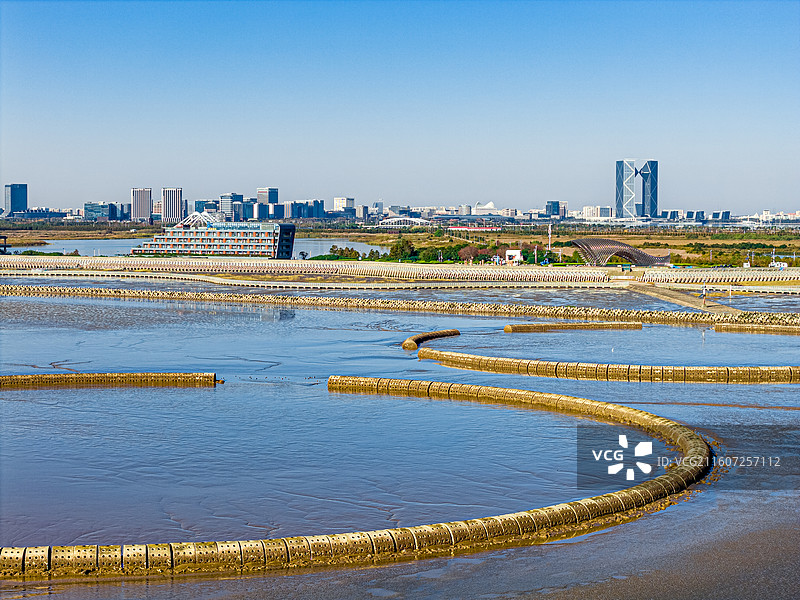 生态泡 潮间带圆形人工围堰浅水湿地 保护候鸟迁徙栖息环境 上海临港海洋生态修复 浦东南汇东滩湿地图片素材