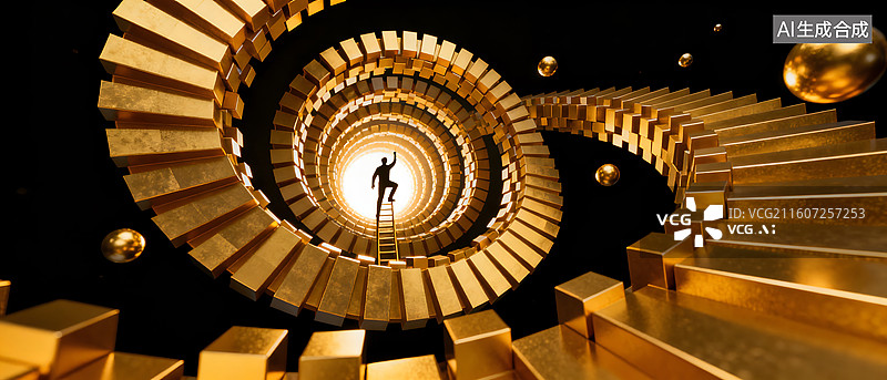 【AI数字艺术】金色螺旋阶梯中攀登的人影图片素材