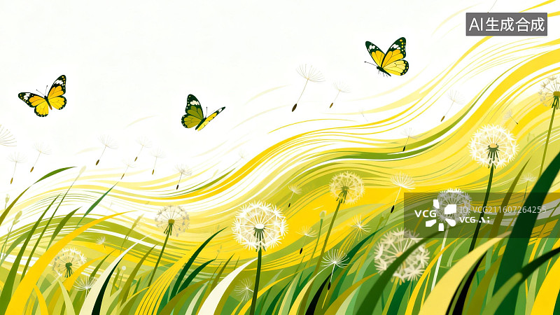【AI数字艺术】蝴蝶飞舞在蒲公英花田图片素材