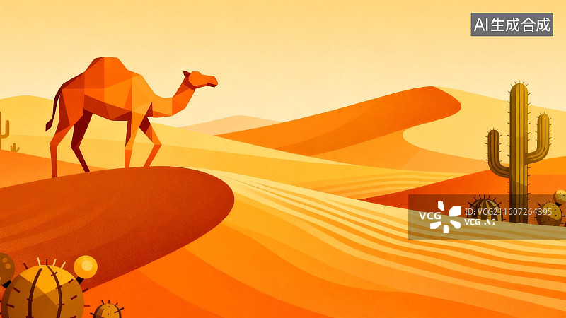 【AI数字艺术】沙漠中的骆驼与仙人掌图片素材