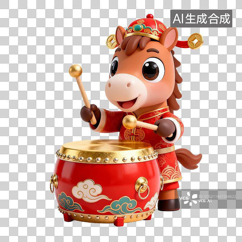 【AI数字艺术】穿着传统服饰的卡通马敲鼓图片素材