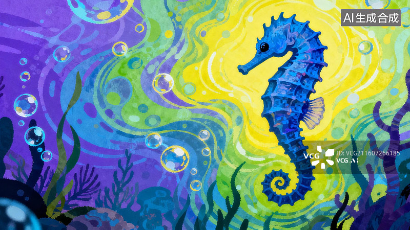 【AI数字艺术】蓝色海马在彩色海洋中游动图片素材