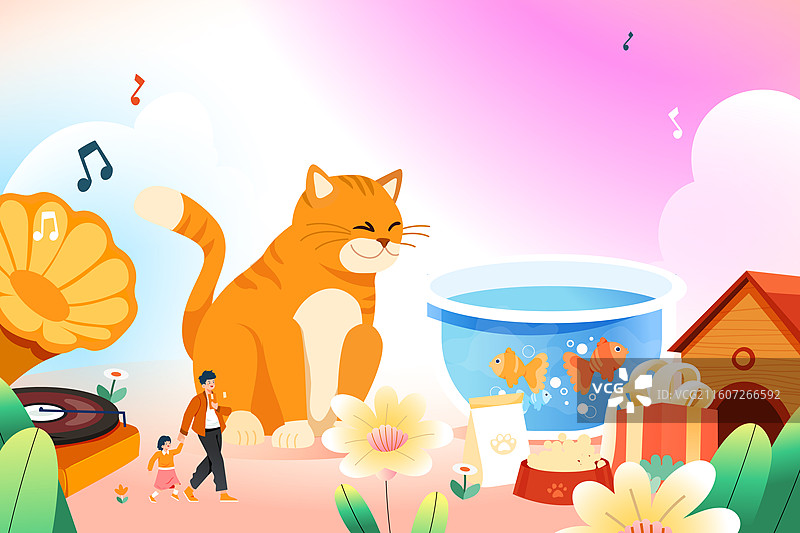 卡通宠物陪伴电商消费家人猫咪动物爱宠萌宠保险健康狗狗娱乐户外休闲玩耍儿童居家生活方式背景渐变矢量插画图片素材