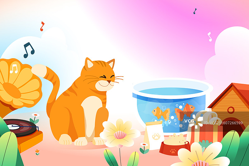 卡通宠物陪伴电商消费家人猫咪动物爱宠萌宠保险健康狗狗娱乐户外休闲玩耍儿童居家生活方式背景渐变矢量插画图片素材