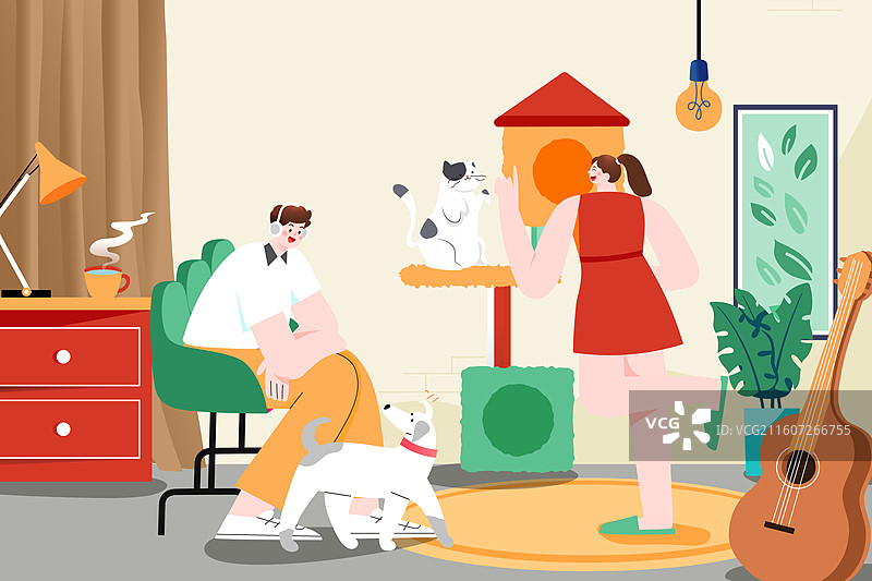 卡通宠物陪伴电商消费家人猫咪动物爱宠萌宠保险健康狗狗娱乐户外休闲玩耍儿童居家生活方式背景渐变矢量插画图片素材
