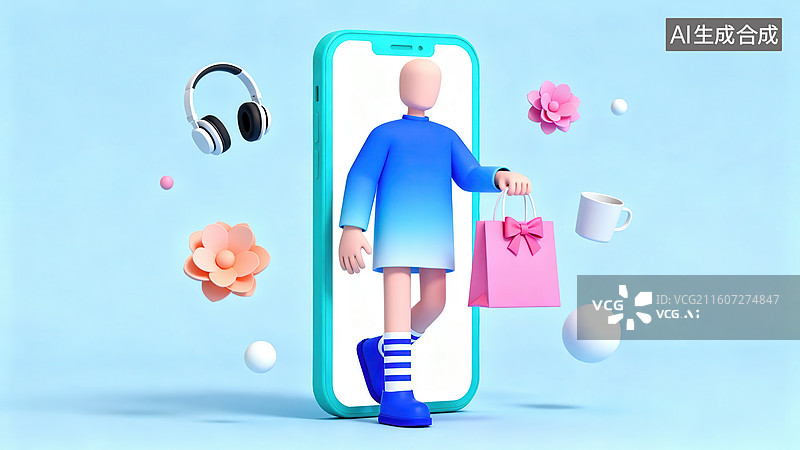 【AI数字艺术】手机中走出购物人物图片素材