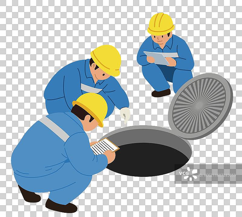 城市建设基础设施工人修理下水道清理清洁水管通道检修检查安全科普插画图片素材