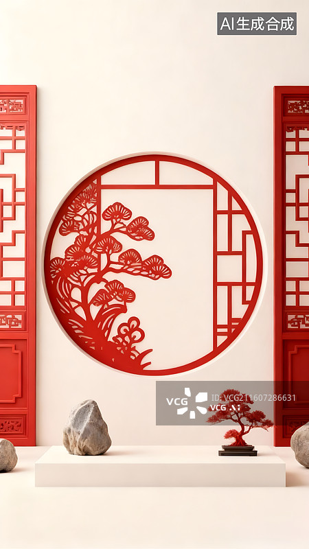 【AI数字艺术】红色松树剪纸图案中式传统风格影壁墙背景壁纸图片素材