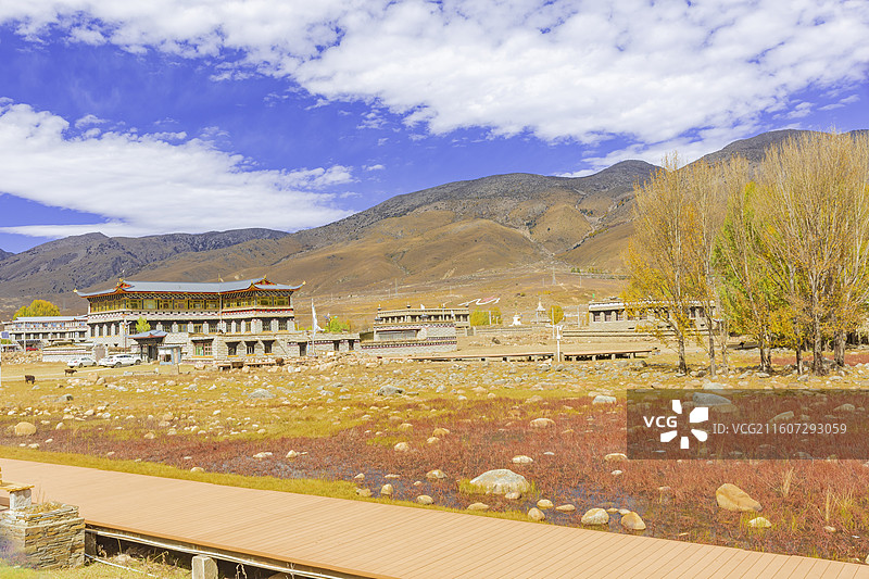 四川稻城县桑堆红草滩湿地公园，红草，蓝天图片素材