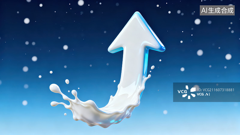 【AI数字艺术】蓝色背景下的白色液体牛奶飞溅形成的箭头符号图片素材
