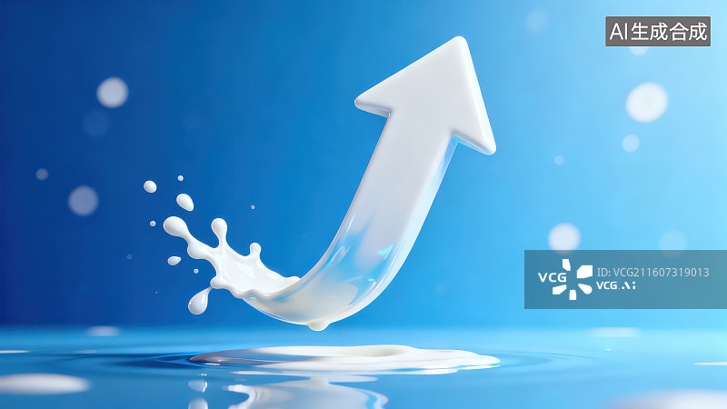 【AI数字艺术】蓝色背景下的白色液体牛奶飞溅形成的箭头符号图片素材