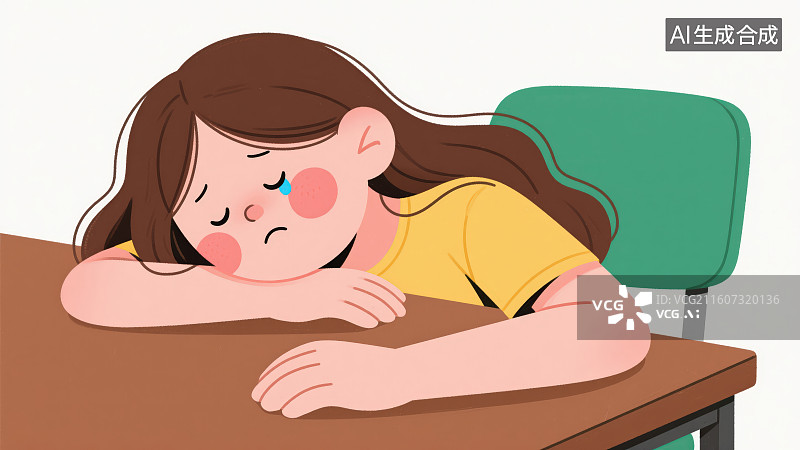 【AI数字艺术】纯色背景下一个卡通小女孩趴在桌子上发困睡觉状态图片素材