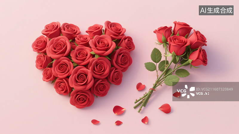 【AI数字艺术】由玫瑰花组成的心形图案，浪漫心形玫瑰簇与花束情人节纪念日节日装饰背景图片素材