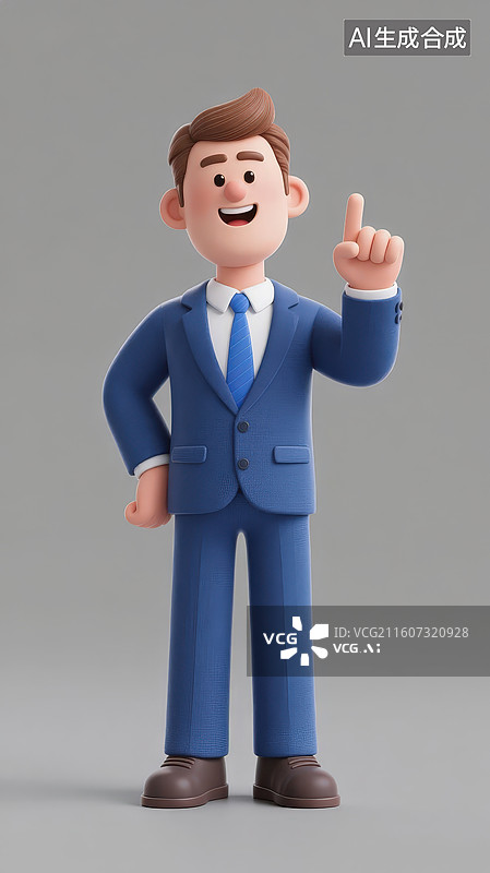 【AI数字艺术】灰色背景下举起一个手作指点的动作姿势3D卡通商务形象图片素材