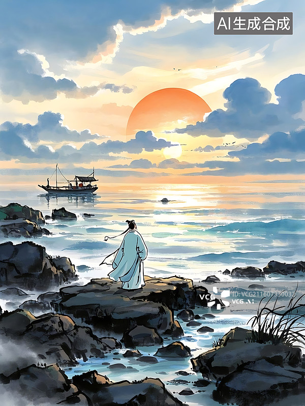 【AI数字艺术】落日余晖下的静谧海边，古装人物静观沉思图片素材