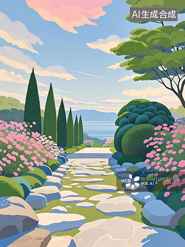 【AI数字艺术】风景如画的花园小径通向大海图片素材