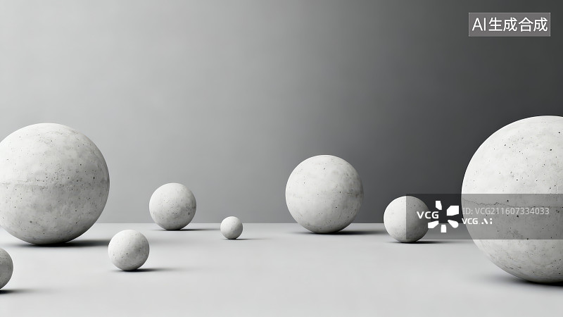 【AI数字艺术】灰色背景下放置的多个圆形混凝土材质球体图片素材
