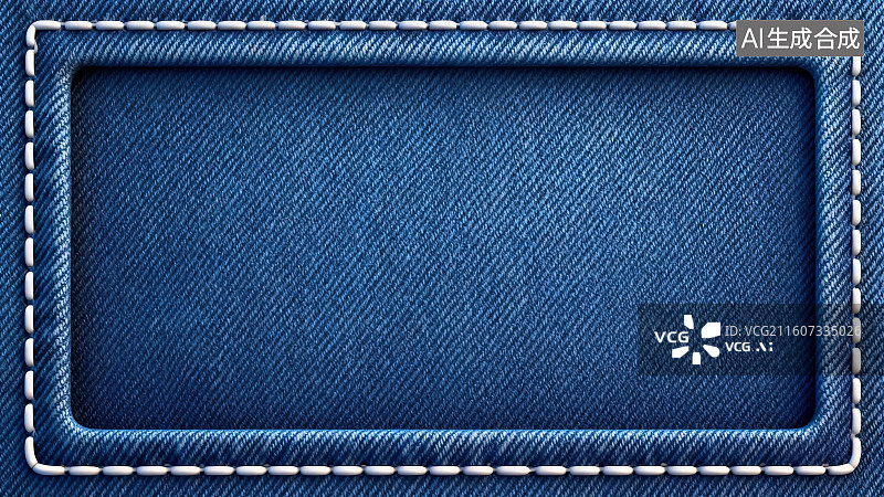 【AI数字艺术】蓝色牛仔布艺纹理缝线空白边框构图图片素材