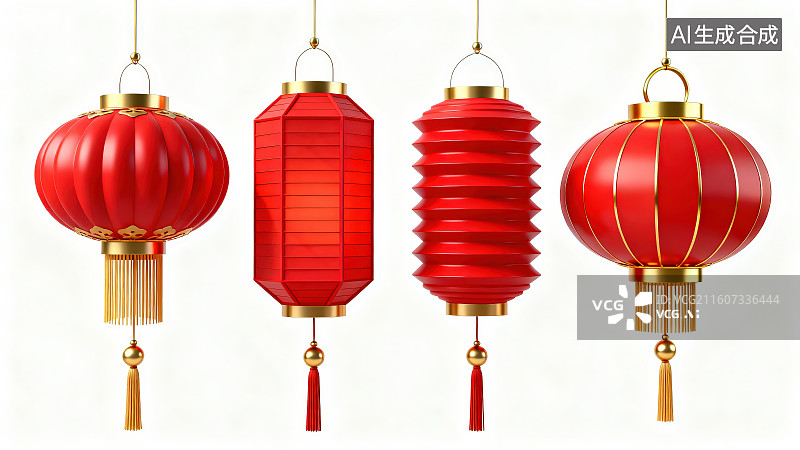 【AI数字艺术】白色背景下传统节日庆祝活动中国红色灯笼图片素材