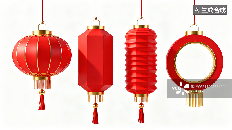【AI数字艺术】白色背景下传统节日庆祝活动中国红色灯笼图片素材