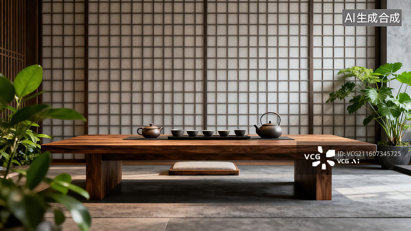 【AI数字艺术】现代禅意的木质茶桌黑茶具格栅背景茶空间图片素材