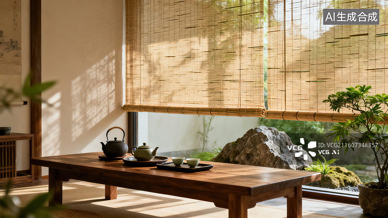 【AI数字艺术】日式禅意竹帘木桌茶具茶空间图片素材