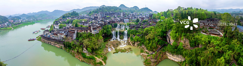 中国湖南湘西芙蓉镇大瀑布航拍风光图片素材