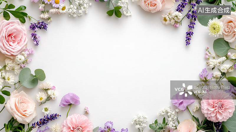 【AI数字艺术】白色纸板上平铺的鲜花浪漫装饰艺术背景图片素材