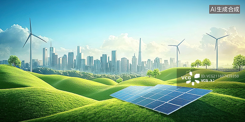 【AI数字艺术】新能源发电绿色低碳城市美好生活环保主题插画图片素材