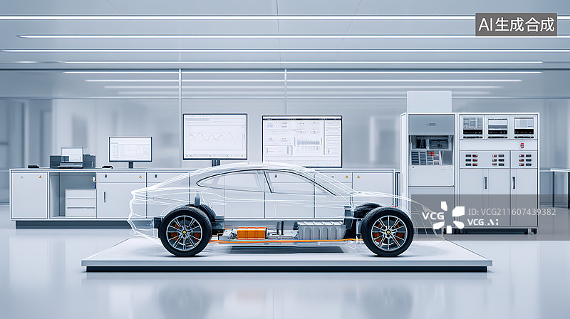 【AI数字艺术】汽车工厂固态电池研发实验室科技风插画图片素材