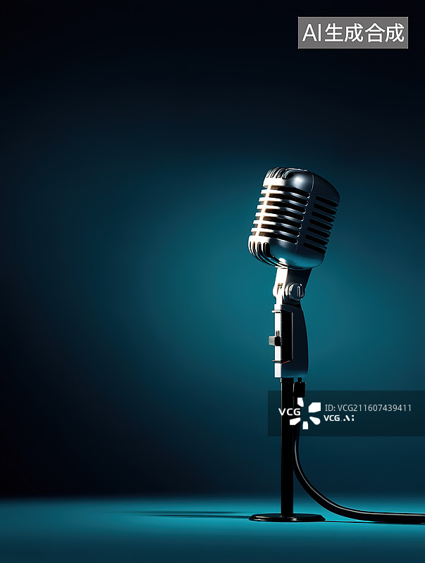 【AI数字艺术】蓝色背景下舞台上的麦克风话筒特写插画图片素材
