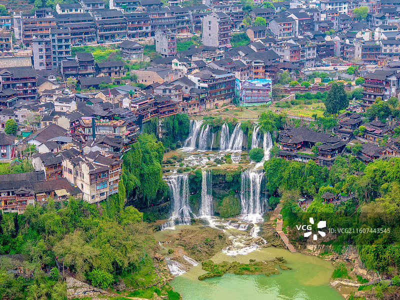中国湖南湘西芙蓉镇大瀑布航拍风光图片素材