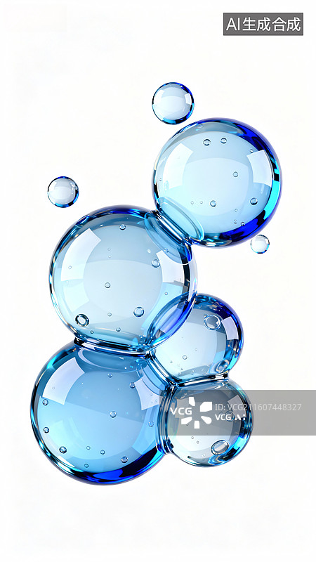 【AI数字艺术】透明蓝色玻璃气泡组合图片素材