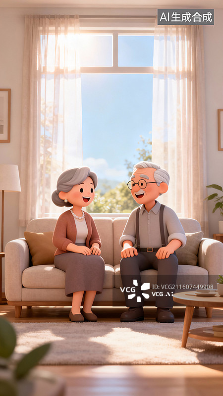 【AI数字艺术】老年夫妇客厅温馨对话图片素材