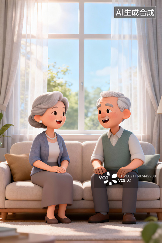 【AI数字艺术】老年夫妇客厅温馨对话图片素材