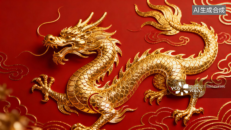 【AI数字艺术】金色龙纹红色背景图片素材