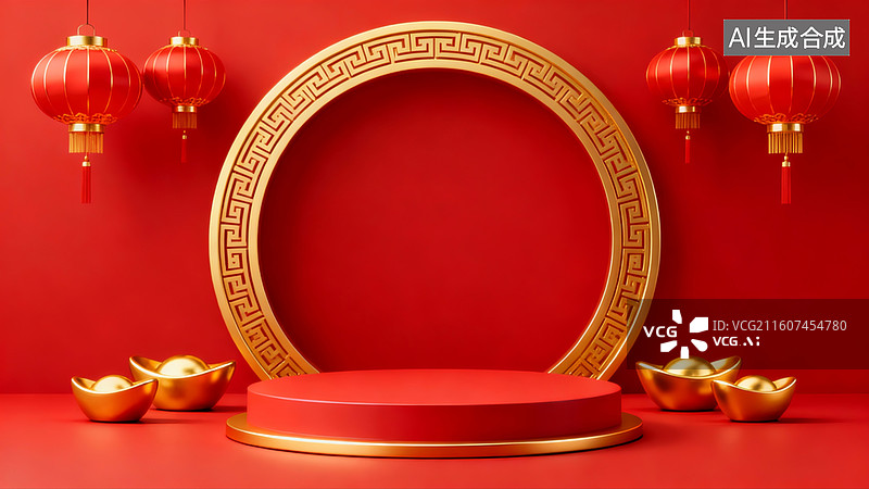 【AI数字艺术】红色背景下的中式节日装饰图片素材