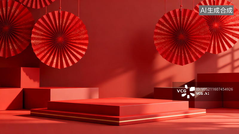 【AI数字艺术】红色几何空间装饰场景图片素材