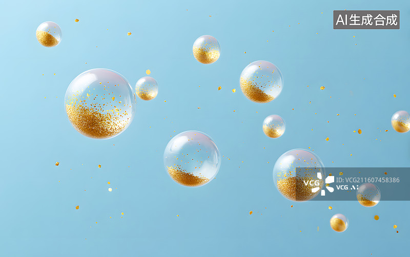 【AI数字艺术】金色的气泡漂浮在空中图片素材