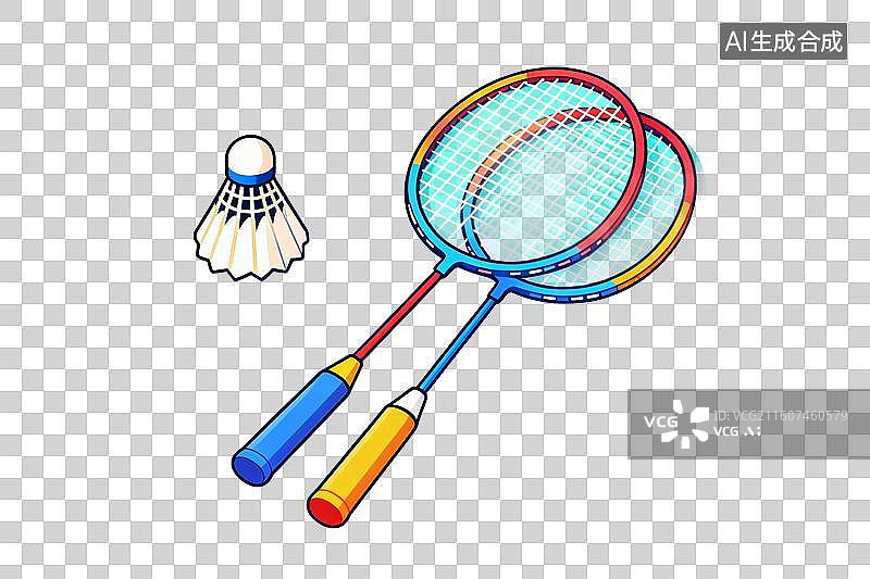 【AI数字艺术】卡通风格，一个羽毛球与一副球拍PNG格式的免扣元素图片素材