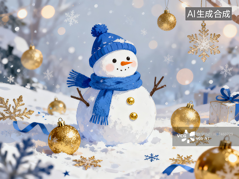 【AI数字艺术】蓝色围巾圣诞雪人 金色装饰节日温馨场景图片素材