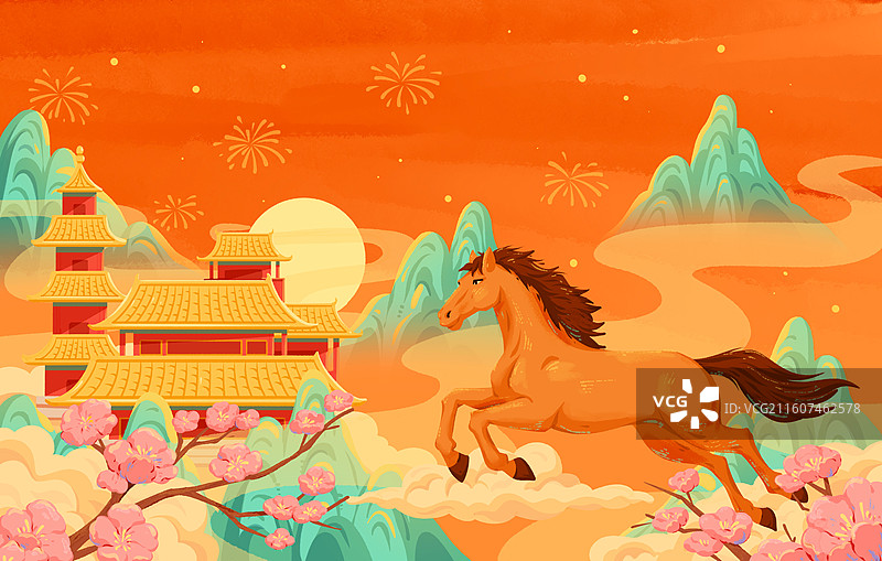 国潮风山水宫殿骏马节日插画图片素材