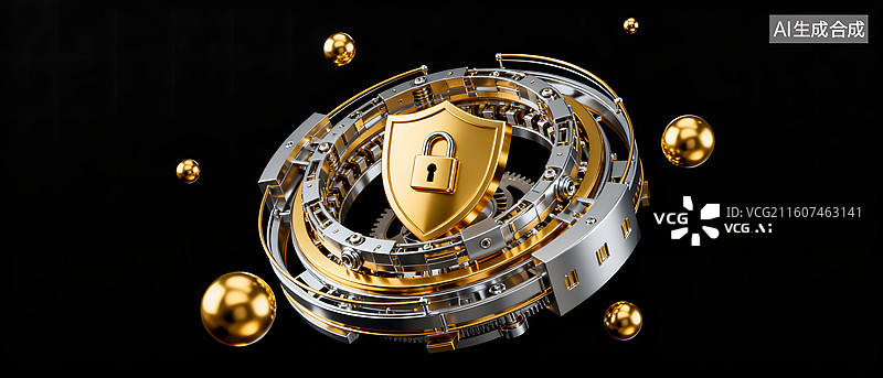 【AI数字艺术】金色盾牌与机械齿轮环绕的科技安全结构图片素材