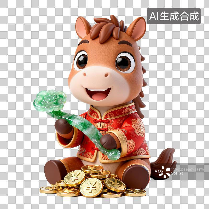【AI数字艺术】身着传统服饰的卡通马抱着如意图片素材