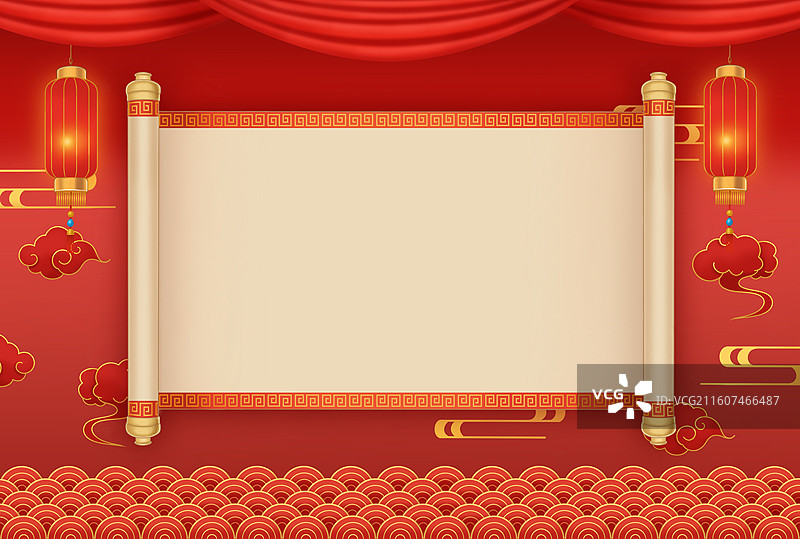 国潮风边框中国风留白卷轴书卷古书新年背景春节边框图片素材