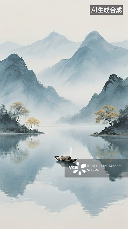 【AI数字艺术】国风中式青山绿水孤舟山水画图片素材