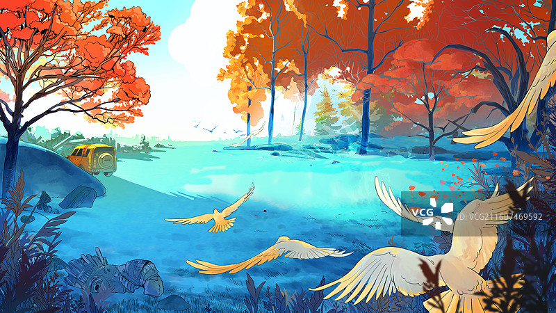 蓝绿色草坪上布满红色的树叶的树木有一群鸟飞过图片素材