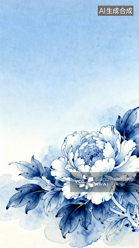 【AI数字艺术】蓝白牡丹花的传统水墨艺术图片素材