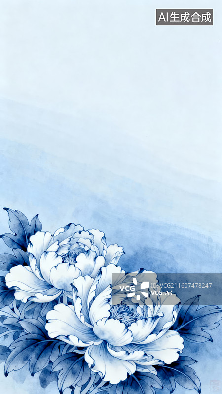 【AI数字艺术】蓝白牡丹花卉精致插画图片素材