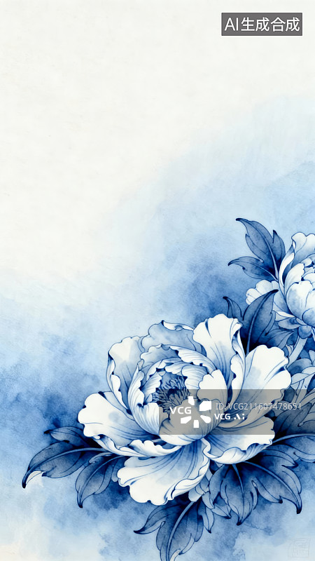 【AI数字艺术】蓝白牡丹花雅致绘画图片素材